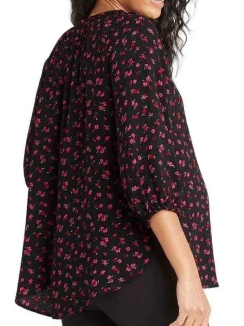 The Nines by Hatch Maternity Ditsy Floral Top Black Pink Button Up Smocked M